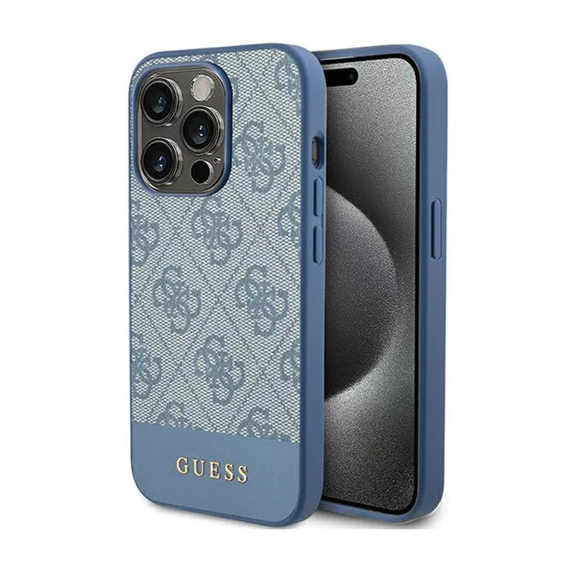 Guess 4G Bottom Stripe Metal Logo kolekcija – dėklas, skirtas iPhone 15 Pro Max (mėlynas)