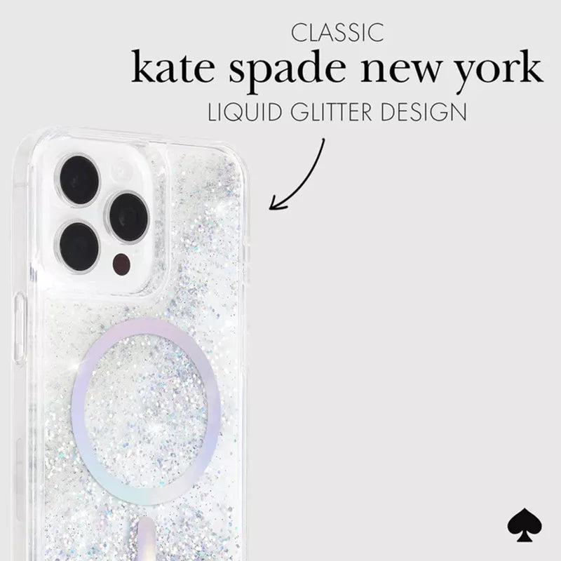Kate Spade New York skystų blizgučių MagSafe dėklas iPhone 15 Pro (Vaivorykštinis opalas)