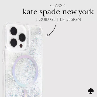 Kate Spade New York skystų blizgučių MagSafe dėklas iPhone 15 Pro (Vaivorykštinis opalas)