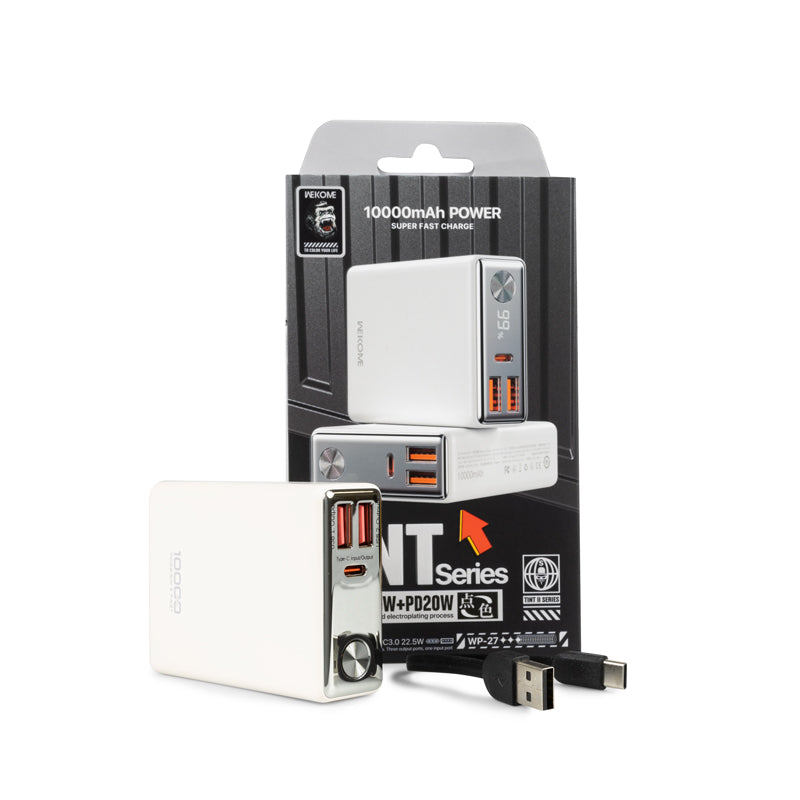 WEKOME WP-27 Tint Series – Išorinė baterija 10000 mAh itin greitas įkrovimas USB-C PD 20W + 2x USB-A QC3.0 22.5W (balta)
