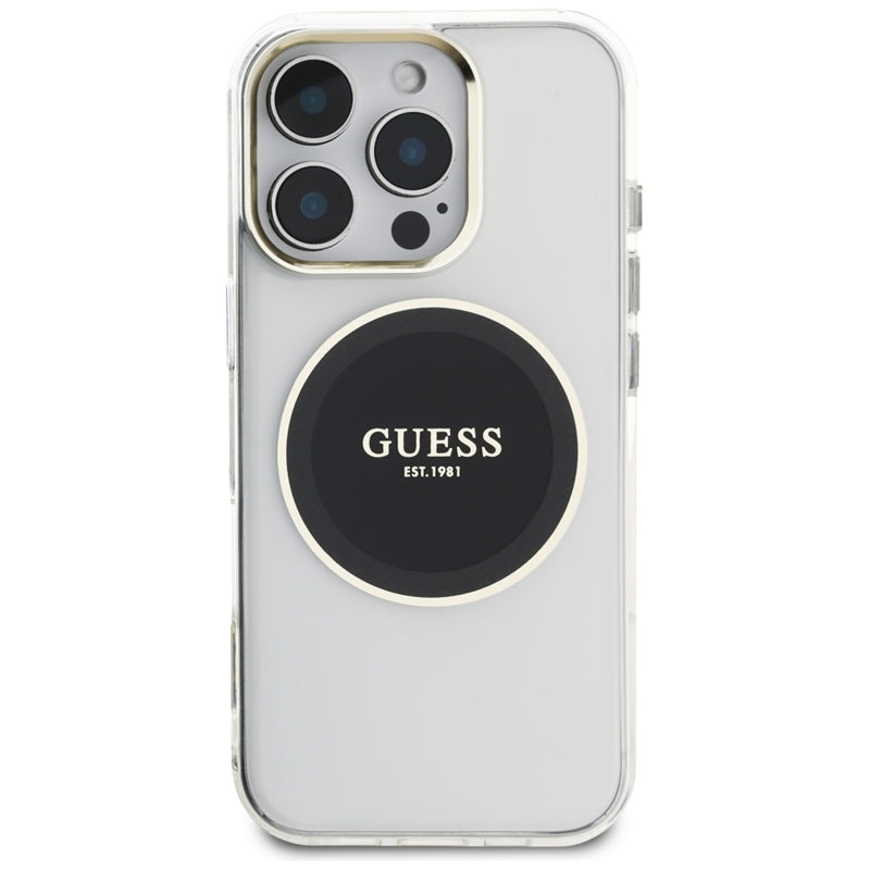 Guess IML metalinis spalvotas apskritimas klasikinis logotipas MagSafe – dėklas skirtas „iPhone 16 Pro“ (juodas)