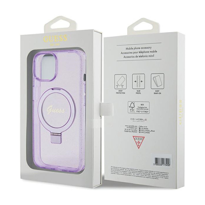 Guess MagSafe dėklas iPhone 15 Plus su žiediniu stovu, blizgučiais ir užrašu (violetinis)