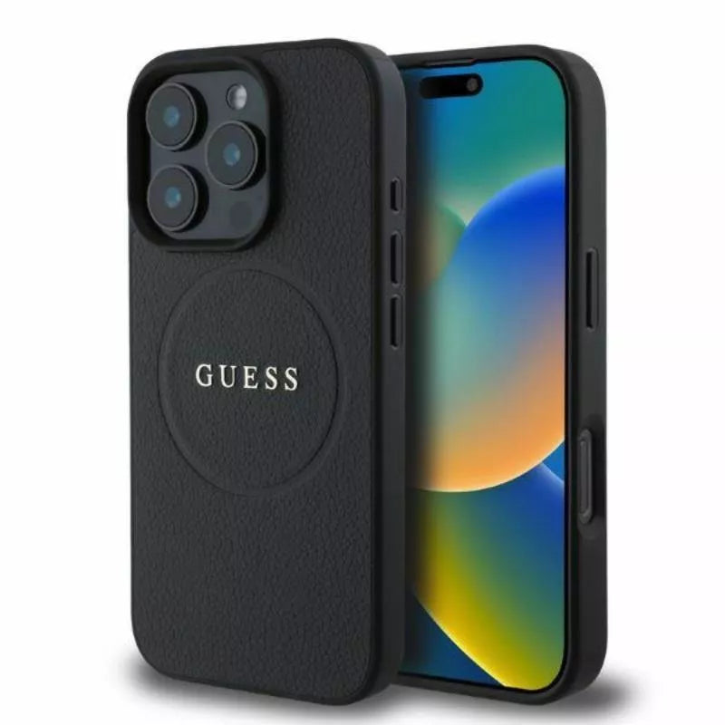 Guess Grained Ring MagSafe - Dėklas iPhone 16 Pro Max (juodas)