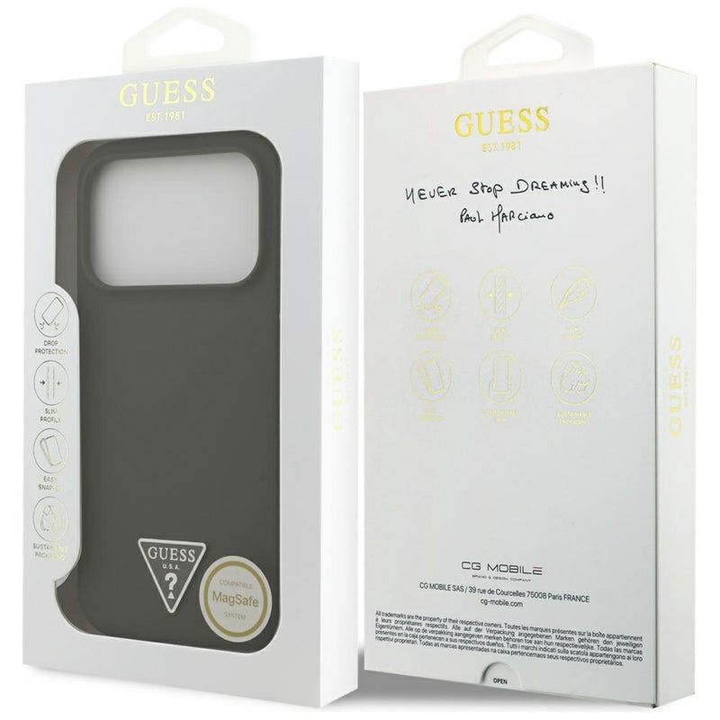 Guess Silicone Triangle Logo MagSafe – dėklas iPhone 17 Pro (Chaki)