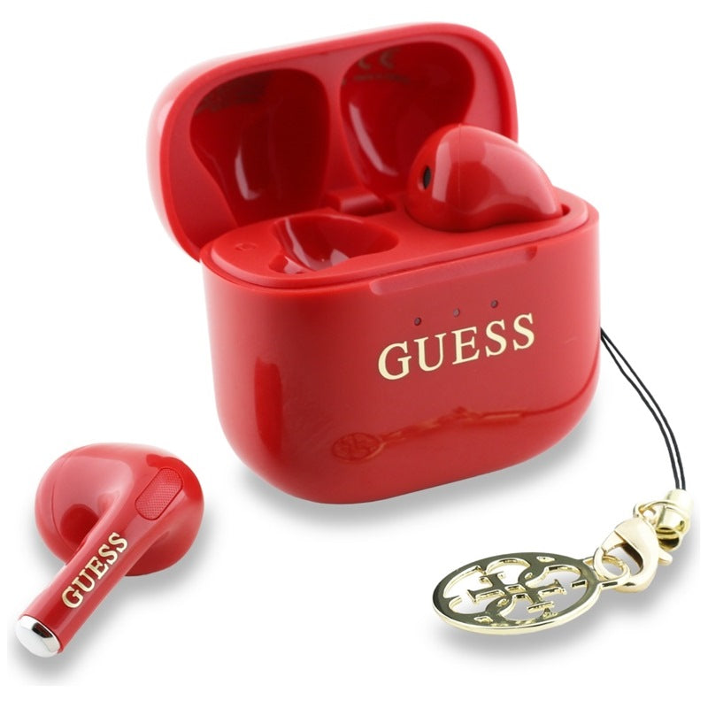Guess Glossy Effect Printed Classic Logo & Charm – TWS „Bluetooth“ ausinės + įkrovimo dėklas (raudonas)