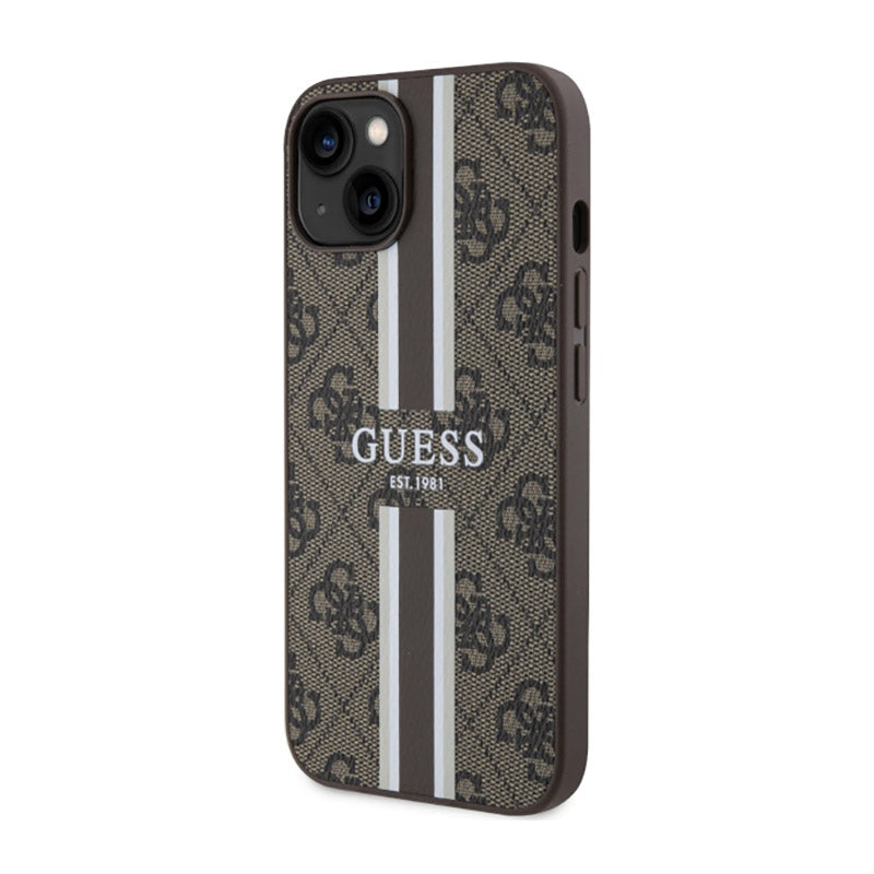 Guess 4G Printed Stripes MagSafe – dėklas iPhone 14 Plus (rudas)