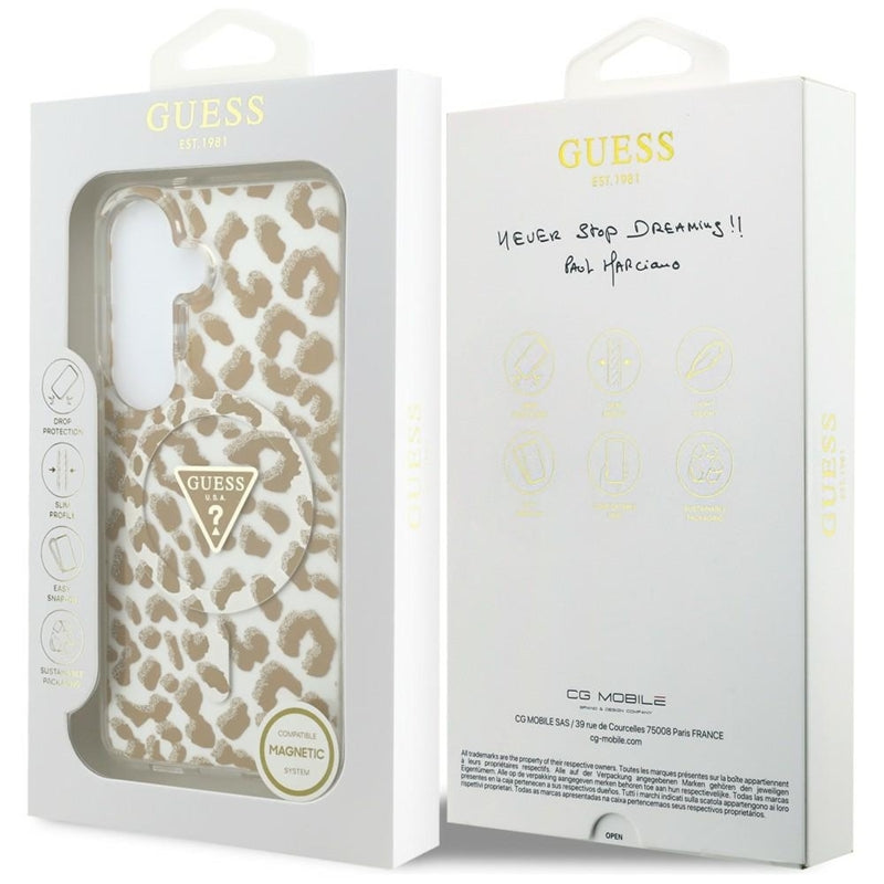 Guess IML Leopard Print Triangle MagSafe - Samsung Galaxy S26 dėklas (rudas)