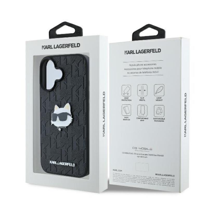 Karl Lagerfeld Monogram Choupette galvos smeigtukas – dėklas iPhone 16 (juodas)
