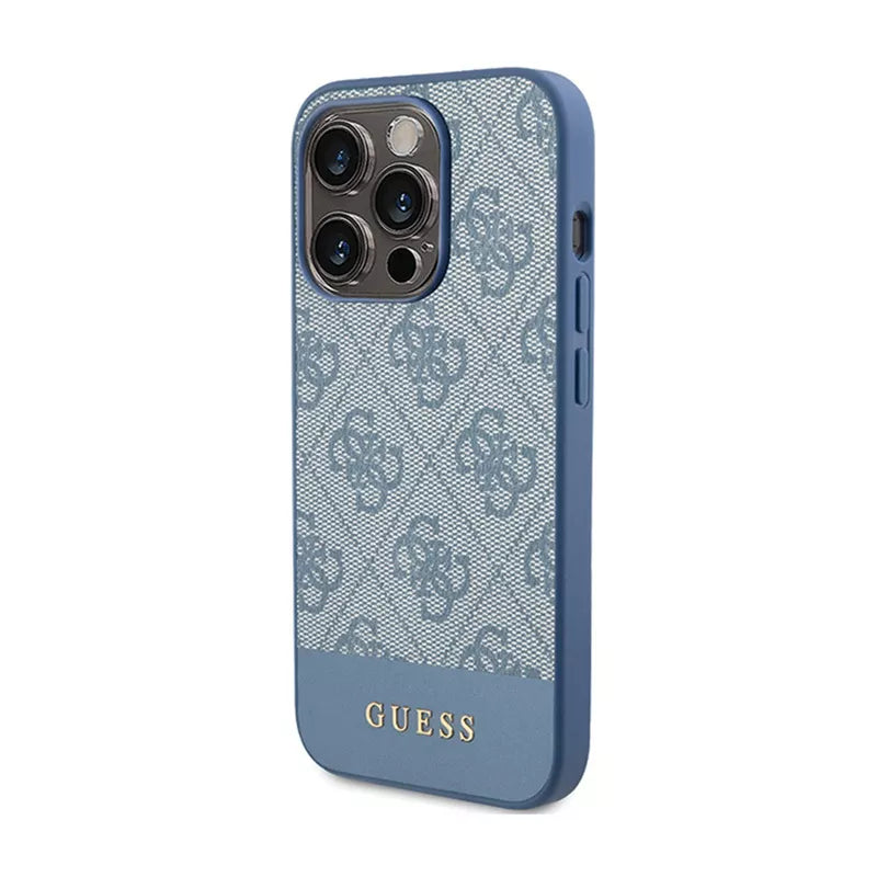 Guess 4G Bottom Stripe Metal Logo kolekcija – dėklas, skirtas iPhone 15 Pro Max (mėlynas)