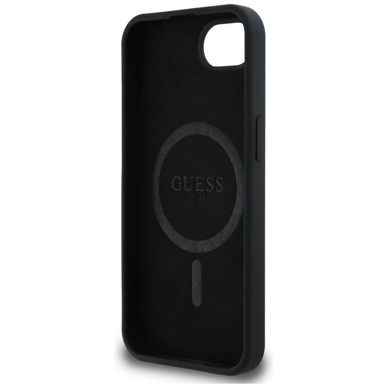 Guess Silicone Script Metal Logo MagSafe – dėklas, skirtas „iPhone 16e“ (juoda)