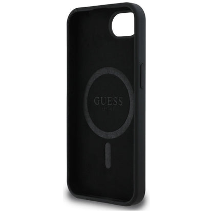 Guess Silicone Script Metal Logo MagSafe – dėklas, skirtas „iPhone 16e“ (juoda)
