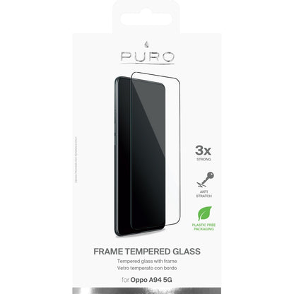 PURO Frame grūdintas stiklas – Oppo A94 5G grūdintas stiklas, apsauginis stiklas (juodas rėmelis)