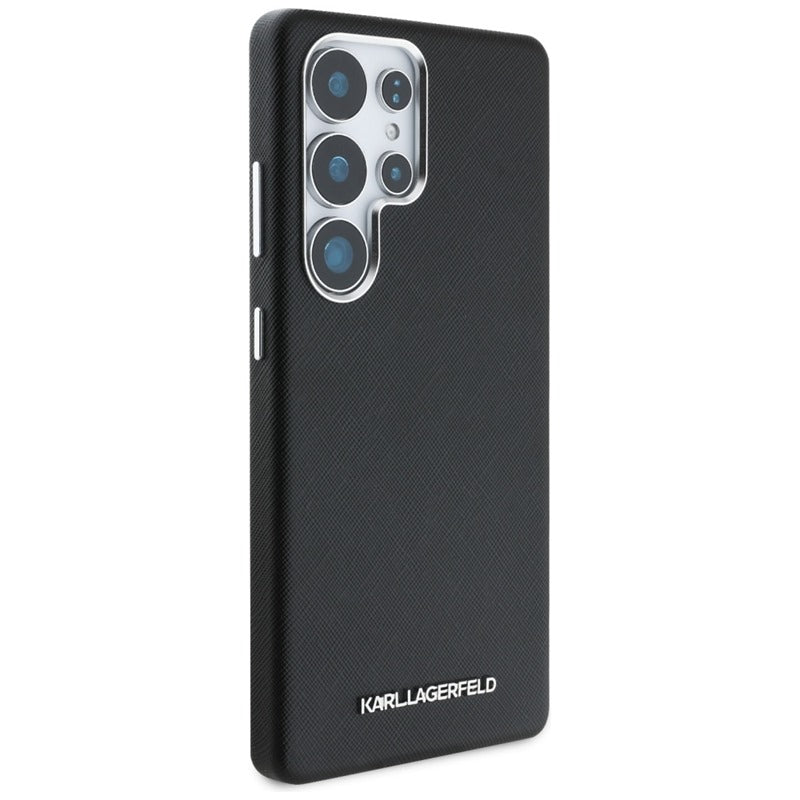 Karl Lagerfeld Saffiano pilnai apgaubtas ilgas metalinis logotipas MagSafe – dėklas Samsung Galaxy S25 Ultra (juodas)