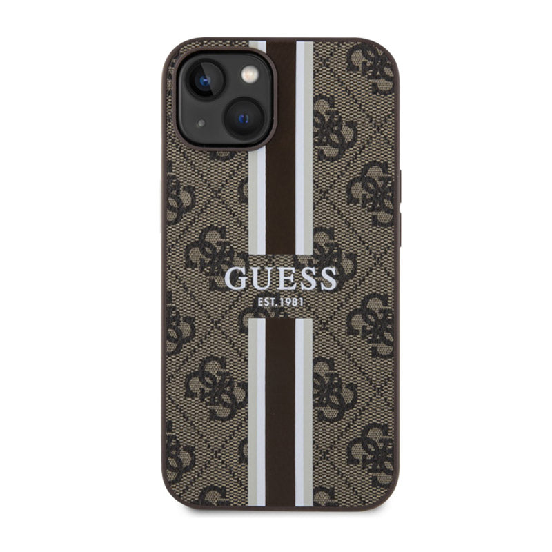 Guess 4G Printed Stripes MagSafe – dėklas iPhone 14 Plus (rudas)