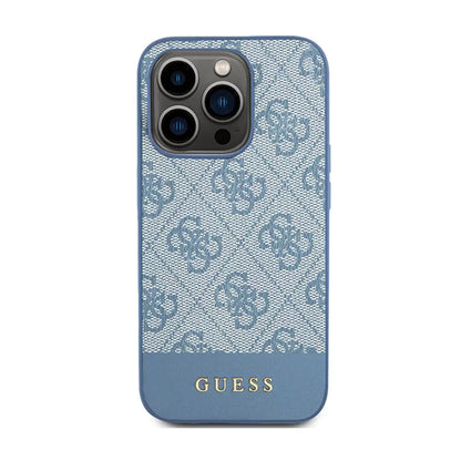 Guess 4G Bottom Stripe Metal Logo kolekcija – dėklas, skirtas iPhone 15 Pro Max (mėlynas)