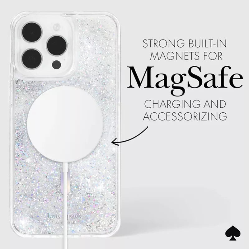 Kate Spade New York skystų blizgučių MagSafe dėklas iPhone 15 Pro (Vaivorykštinis opalas)