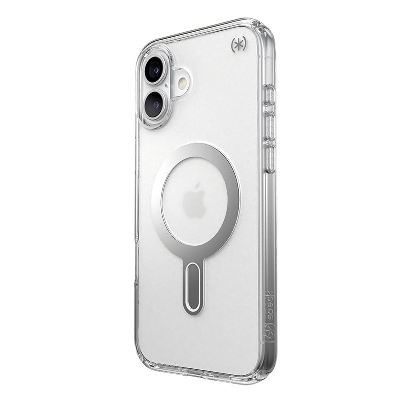 Speck Presidio Perfect-Clear ClickLock & MagSafe – dėklas iPhone 16 Plus (skaidrus / chromo apdaila / Serene Silver)