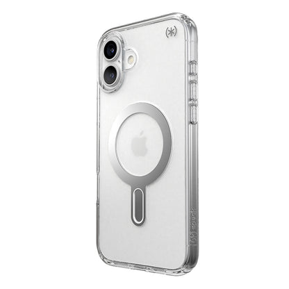 Speck Presidio Perfect-Clear ClickLock & MagSafe – dėklas iPhone 16 Plus (skaidrus / chromo apdaila / Serene Silver)