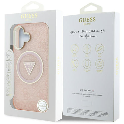 Guess IML Metal Glitter 4G apskritimas trikampis MagSafe – dėklas, skirtas „iPhone 16“ (rožinis)