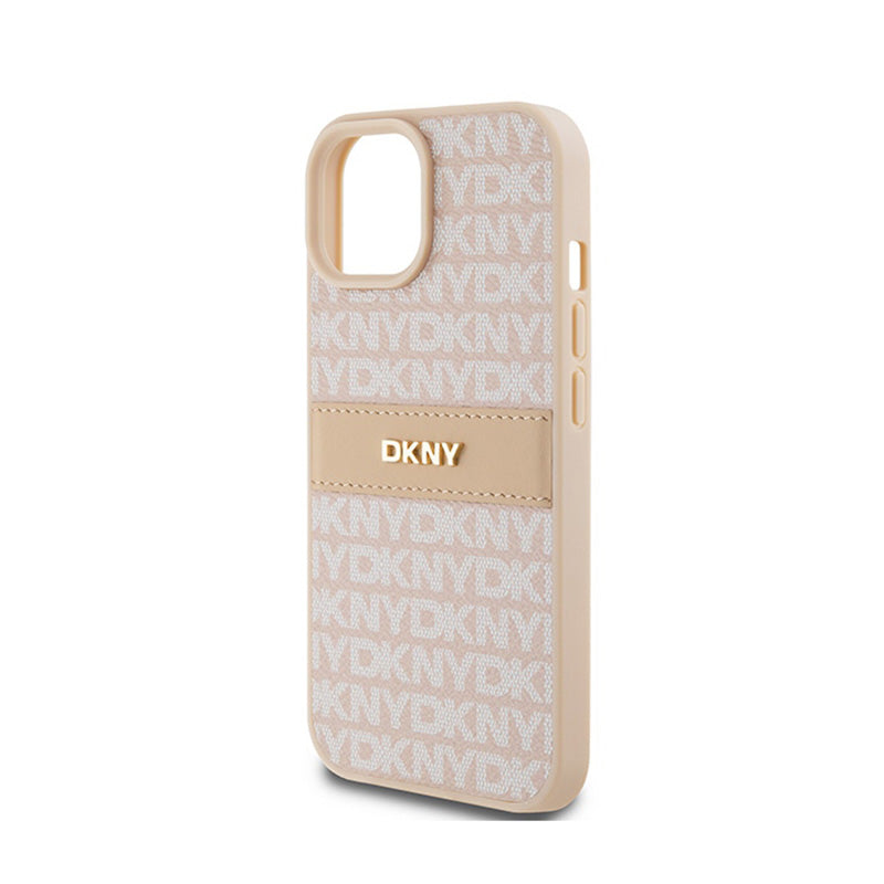 DKNY Odinis dėklas su dryžiais ir metaliniu logotipu – „iPhone 15 Plus“ / „14 Plus“ dėklas (rožinis)