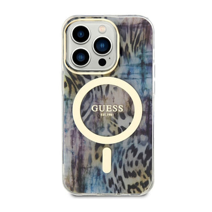 Guess Leopard MagSafe – dėklas, skirtas iPhone 14 Pro (mėlynas)
