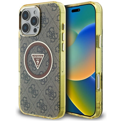 Guess IML Metal Glitter 4G Circle Triangle MagSafe – dėklas iPhone 16 Pro (rudos spalvos)