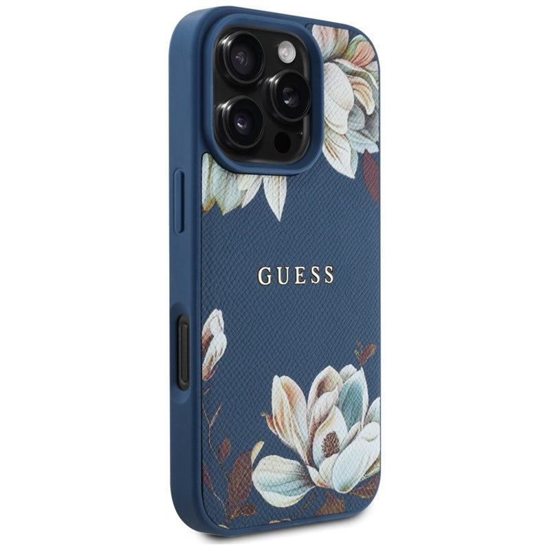 Guess Grained Printed Flower Pattern MagSafe - dėklas iPhone 16 Pro Max (mėlynas)