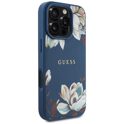 Guess Grained Printed Flower Pattern MagSafe - dėklas iPhone 16 Pro Max (mėlynas)