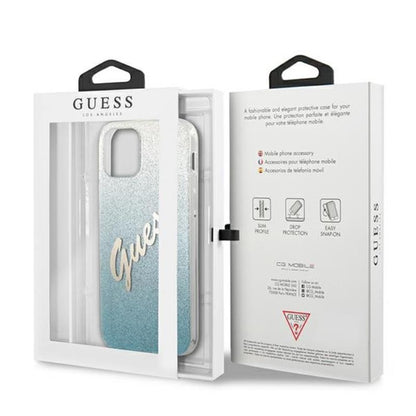 Guess Glitter Gradient Script – dėklas iPhone 12 mini (mėlynas)