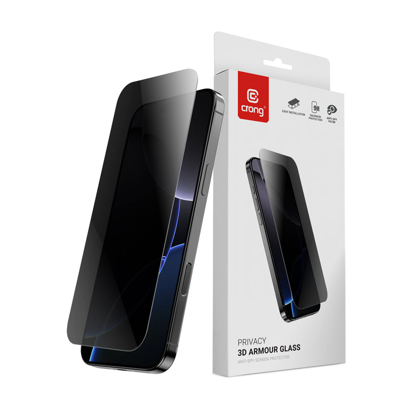 Crong Privacy 3D Armour Glass – Grūdintas privatumo stiklas, skirtas iPhone 17 / iPhone 17 Pro / iPhone 16 Pro