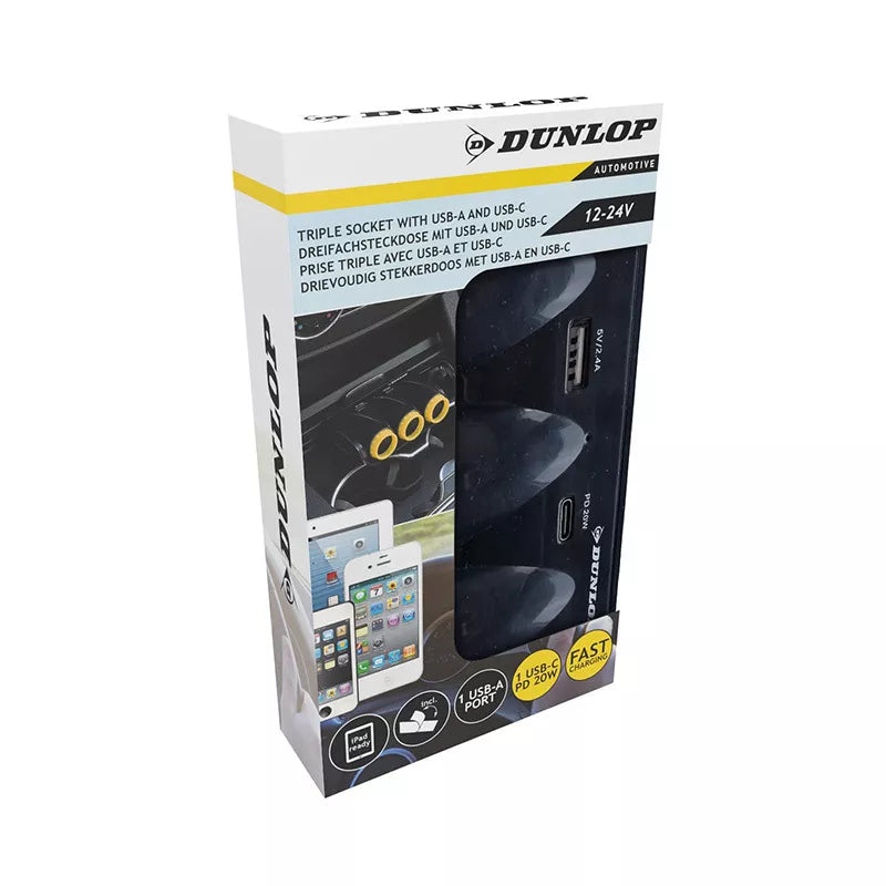 Dunlop – USB-A + USB-C 20W PD automobilinis įkroviklis / 3x 12/24V cigarečių pridegimo lizdo skirstytuvas (juodas)