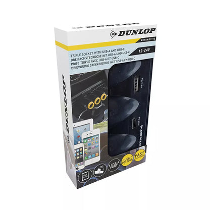 Dunlop – USB-A + USB-C 20W PD automobilinis įkroviklis / 3x 12/24V cigarečių pridegimo lizdo skirstytuvas (juodas)