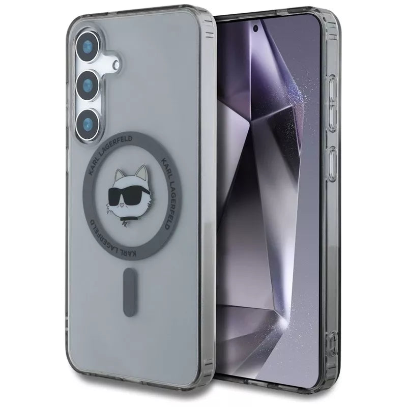 Karl Lagerfeld mygtuko Choupette galvos su logotipu atspaudas MagSafe dėklas, skirtas Samsung Galaxy S25+ (juodas)