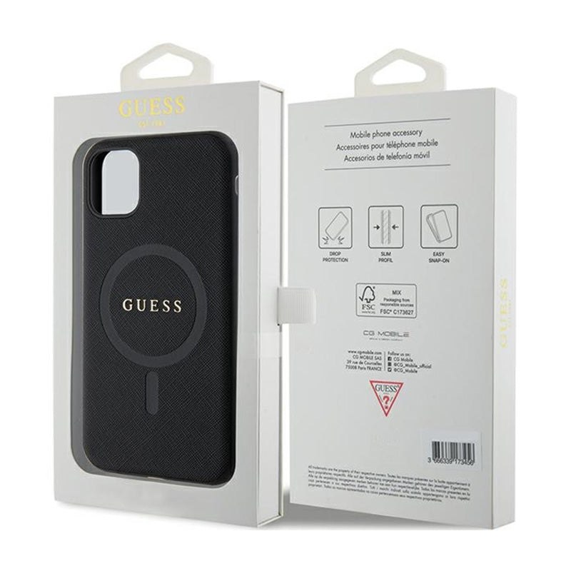Guess Saffiano MagSafe – dėklas, skirtas „iPhone 11“ (juodas)