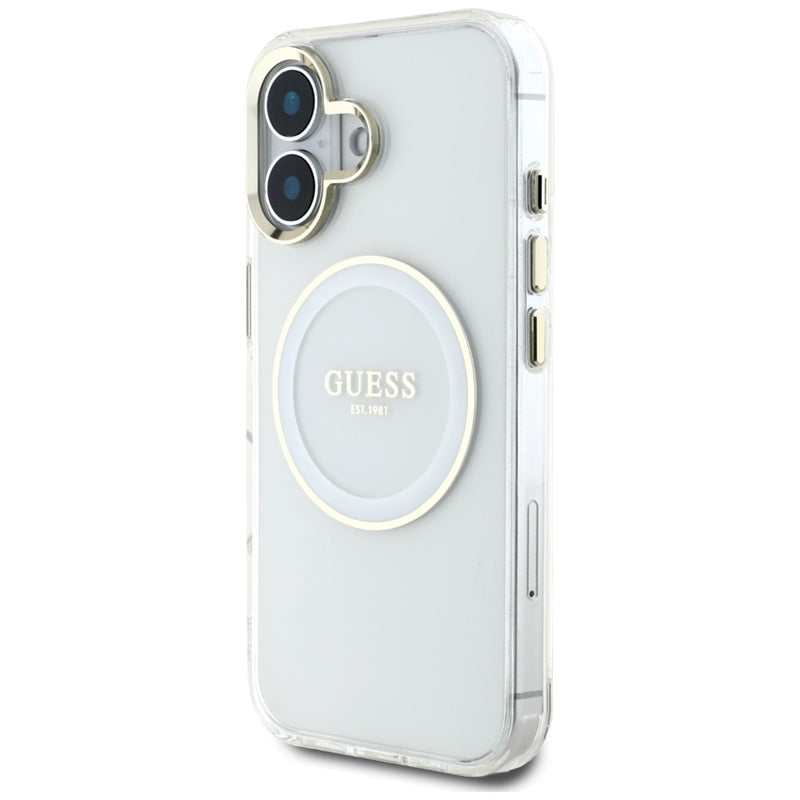 Guess IML Metal Colored Circle Classic Logo MagSafe – dėklas, skirtas „iPhone 16“ (baltas)