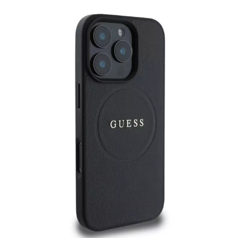 Guess Grained Ring MagSafe - Dėklas iPhone 16 Pro Max (juodas)