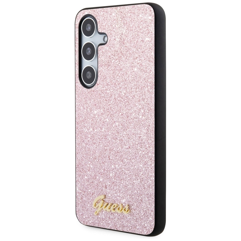 Guess Glitter Flakes Metal Logo dėklas – dėklas skirtas Samsung Galaxy S24 (rožinės spalvos)