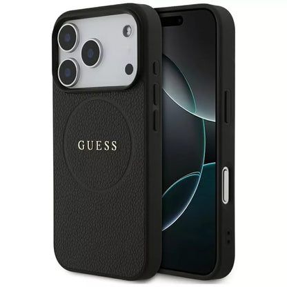 Guess Tekstūruotas žiedas MagSafe - Dėklas iPhone 17 Pro (juodas)