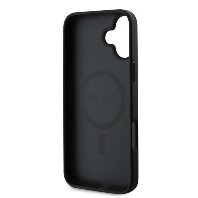 Guess Grained Ring MagSafe - Dėklas iPhone 16 Plus (juodas)