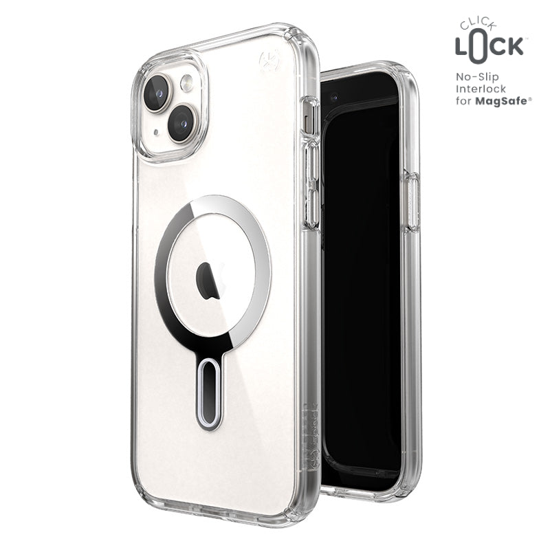 Speck Presidio Perfect-Clear ClickLock & Magsafe - iPhone 15 Plus / iPhone 14 Plus dėklas (Skaidrus / Chromo apdaila / Serene Silver)
