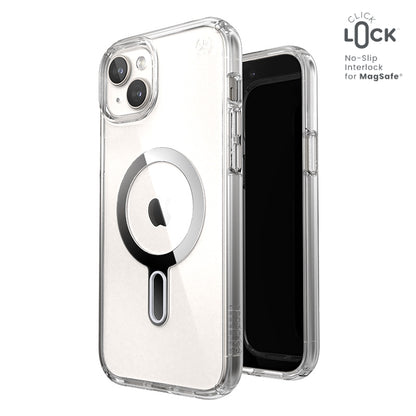 Speck Presidio Perfect-Clear ClickLock & Magsafe - iPhone 15 Plus / iPhone 14 Plus dėklas (Skaidrus / Chromo apdaila / Serene Silver)