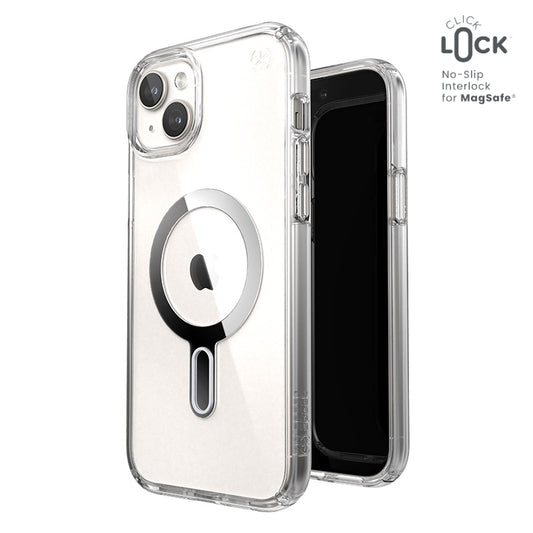 Speck Presidio Perfect-Clear ClickLock & Magsafe – dėklas skirtas iPhone 15 Plus / iPhone 14 Plus (skaidrus / chromo apdaila / švelnus sidabras)