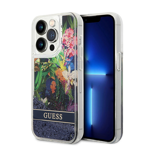 "Guess Liquid Glitter Flower" - "iPhone 14 Pro" dėklas (mėlynas)
