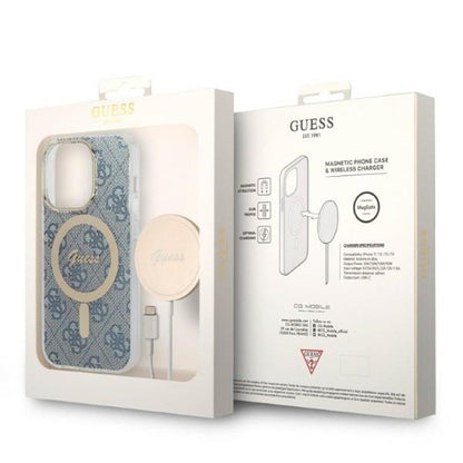Guess Bundle Pack MagSafe 4G - dėklo rinkinys, skirtas iPhone 14 Pro Max + MagSafe įkroviklis (mėlyna/auksinė)