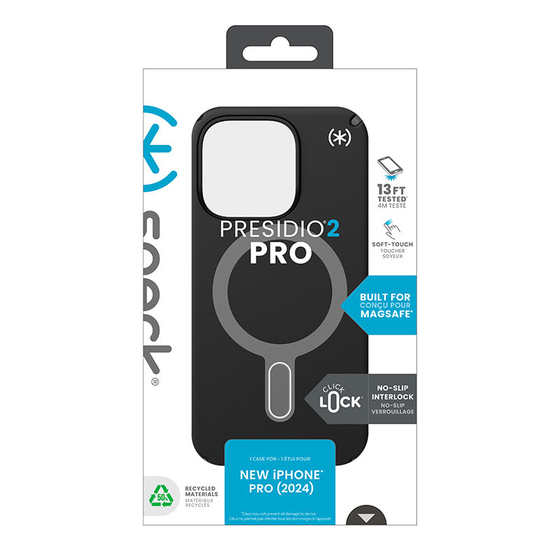 Speck Presidio2 Pro ClickLock & MagSafe - iPhone 16 Pro dėklas (Juoda / Skalūninė pilka / Balta)