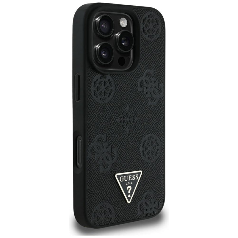 Guess Grained Hot Stamp Peony Triangle Logo MagSafe – dėklas, skirtas iPhone 16 Pro Max (juodas)