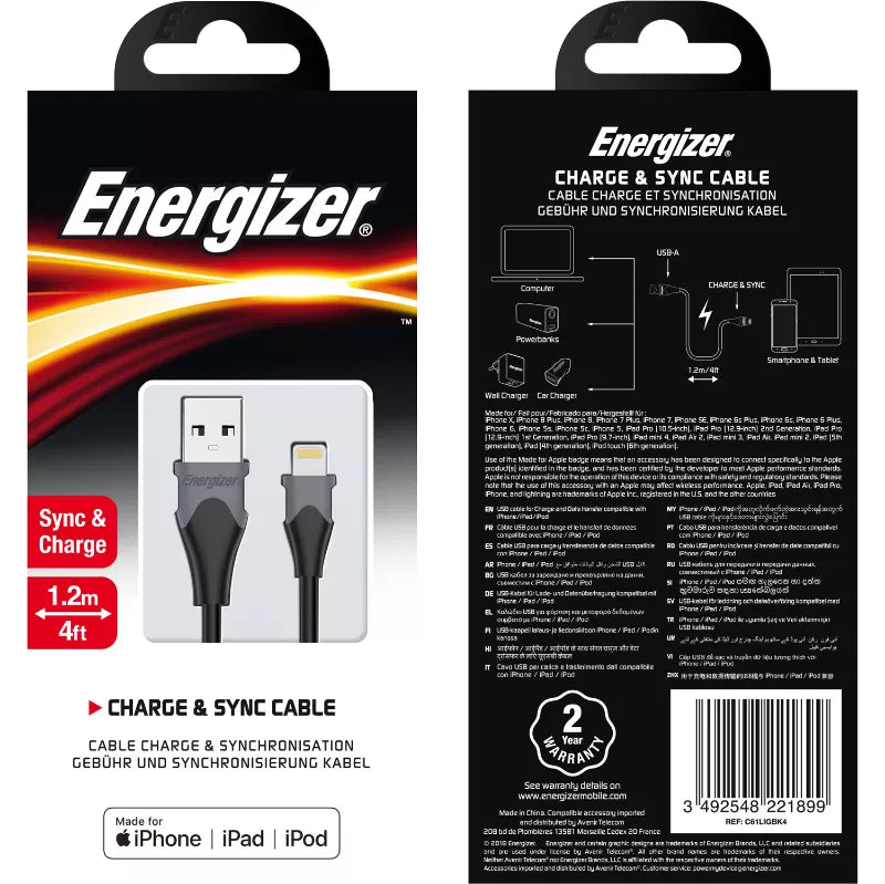 Energizer Classic – USB-A į Lightning jungiamasis laidas su MFi sertifikatu, 1,2 m (juodas)