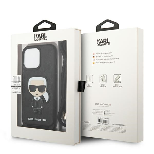 Karl Lagerfeld odos monogramo antsiuvas ir virvelės Iconik – dėklas skirtas iPhone 13 Pro