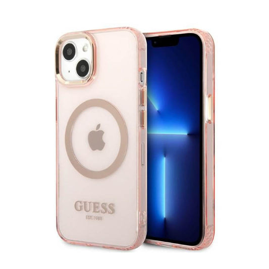 Guess Gold Outline Permatomas MagSafe dėklas iPhone 13 (Rožinis)