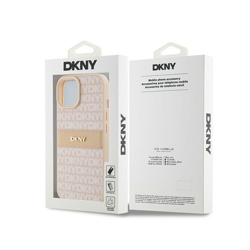 DKNY Odinis dėklas su dryžiais ir metaliniu logotipu – „iPhone 15 Plus“ / „14 Plus“ dėklas (rožinis)